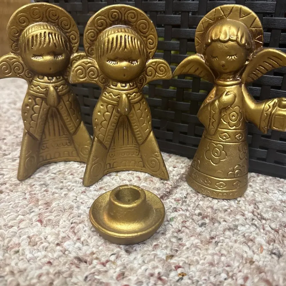 Vintage 1970s Christmas Angel Figurines Trio Matte Gold Candle Holder Holiday
